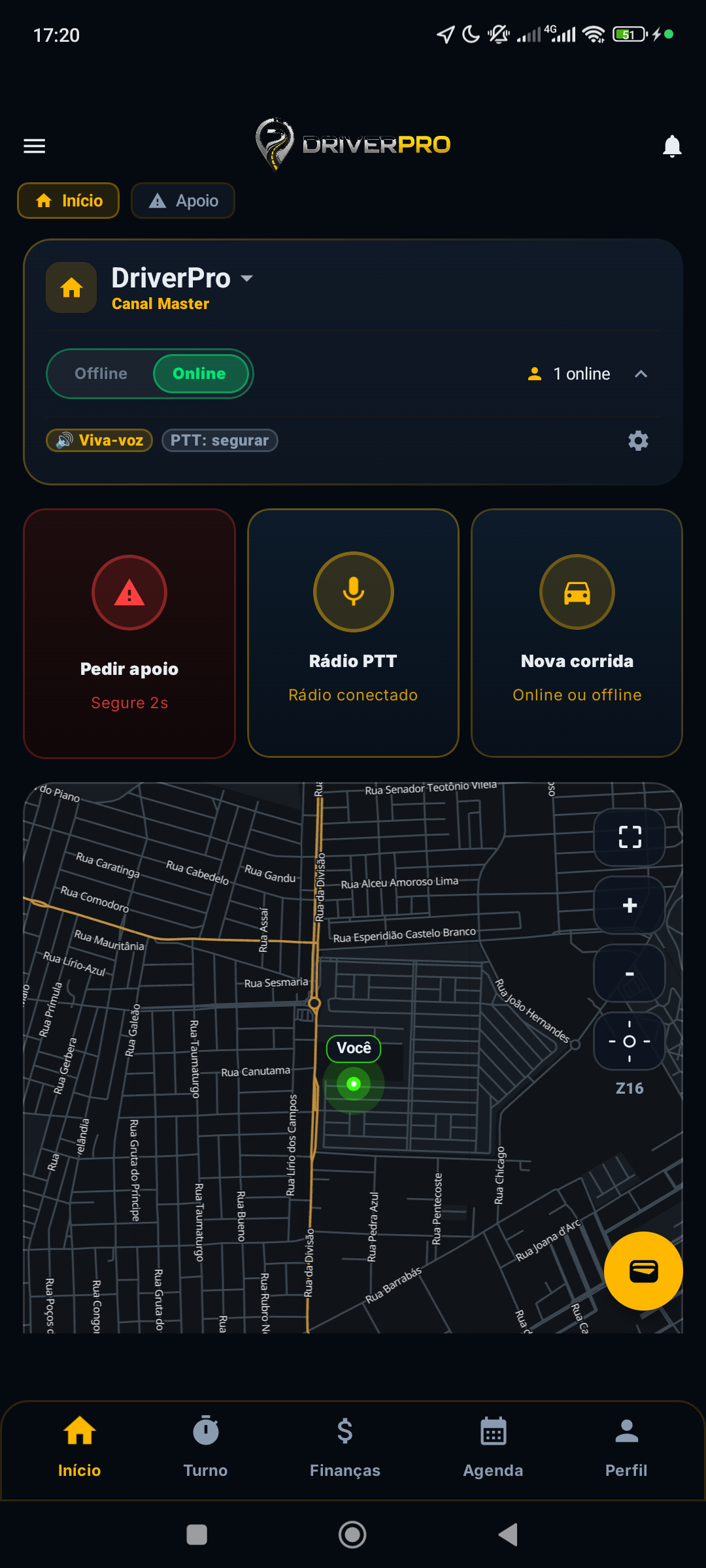 Canaleta do app DriverPRO: mapa de presença de motoristas ao vivo e botão de rádio PTT por voz
