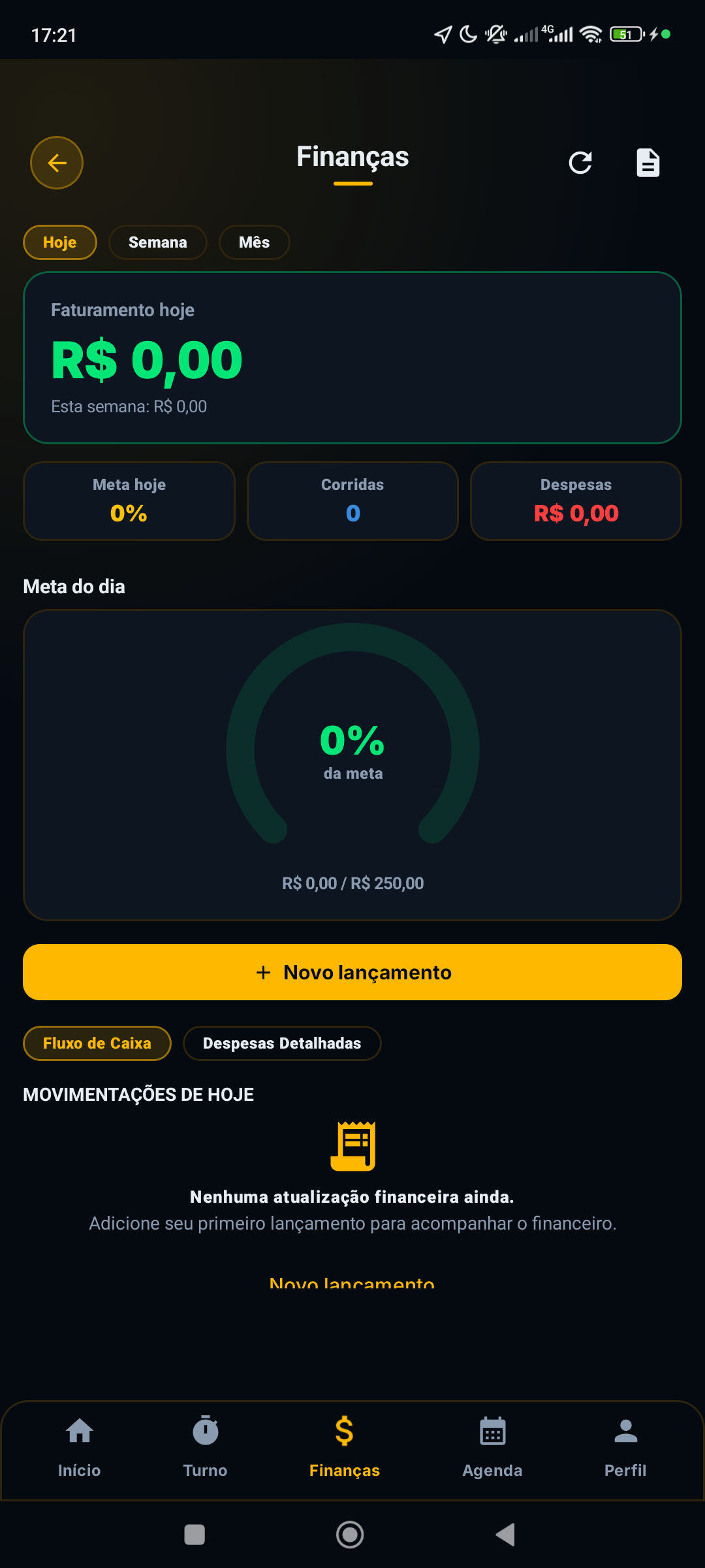 Controle financeiro do dia no app DriverPRO com faturamento, metas e lucro real do motorista
